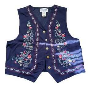 Vintage Women’s Jantzen Blue Embroidered Sleeveless Floral Button Vest Size S